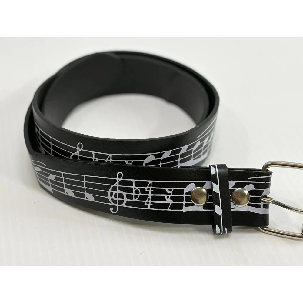 Genuine Leather‎ Music Notes Sheet Music Belt Black Silver Buckle B8931 L 38-40